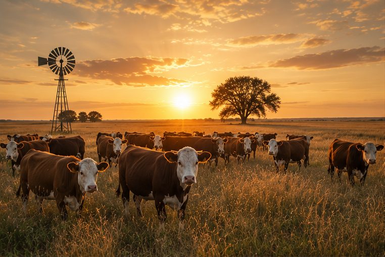 Atardecer dorado sobre los potreros de la estancia: un rodeo Hereford pasta entre gramíneas altas junto al molino de viento