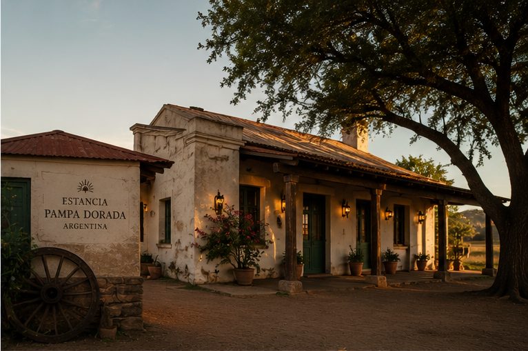 El casco histórico de la estancia: muros encalados, galería de madera, carreta antigua y el cartel Estancia Pampa Dorada bajo un árbol añoso