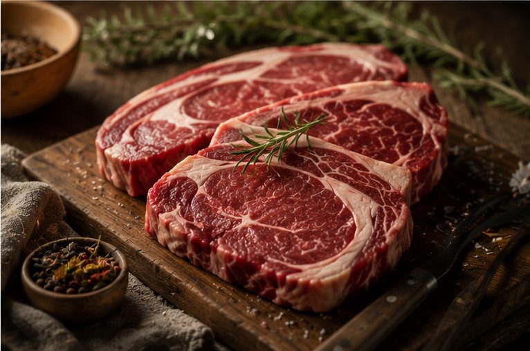 Dos ojos de bife de intenso marmoleo sobre una tabla de madera, con romero fresco, sal gruesa y pimienta en granos